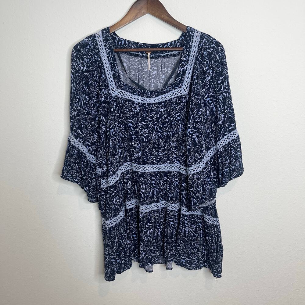 Free People Navy Floral Lace Trim Boho Tunic Dress Women’s Flowy Tiered